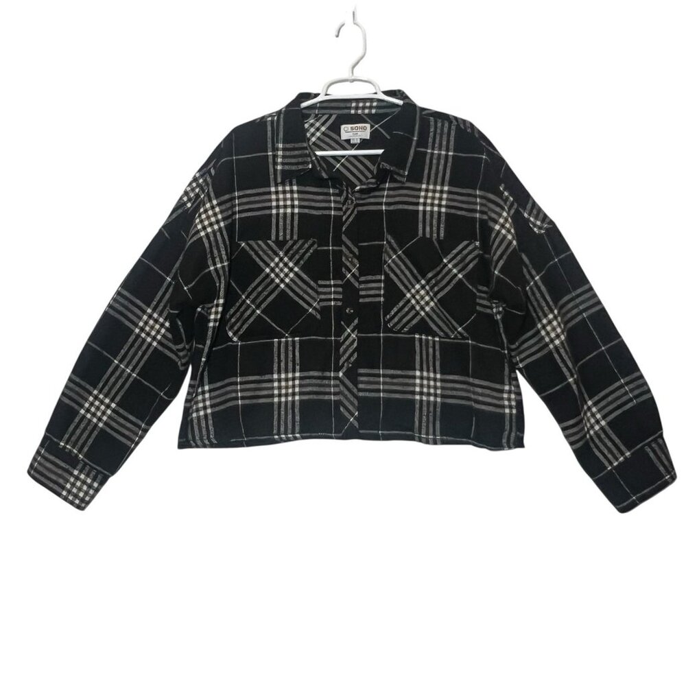 CI SONO Women’s Winter Flannel Plaid Shirt Cropped Size XL Black Buttons Pockets